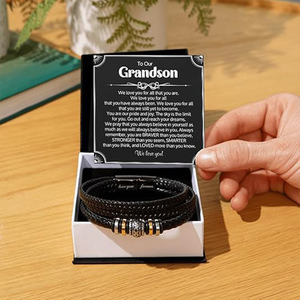 Men's Three Layer Braided <b>Leather</b> <b>Bracelet</b> With Laser Marking Gift For Grandson - Product Image 1