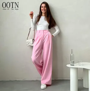 OOTN – pantalon à jambes larges pour femme, couleur unie, taille haute, élégant, ample, rose, bureau, été 2023