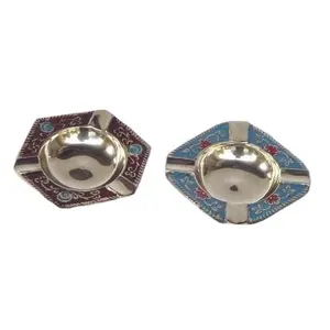 Enamel Painted Brass Ashtray Geometric Shape In Enamel Side Brass Art Ware Indian Metal Crafts