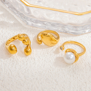 Bague en acier inoxydable avec perle, forme géométrique irrégulière en goutte d'eau, unisexe, pour usage quotidien, sertissage clos, origine Yiwu JZ21373 - Product Image 1