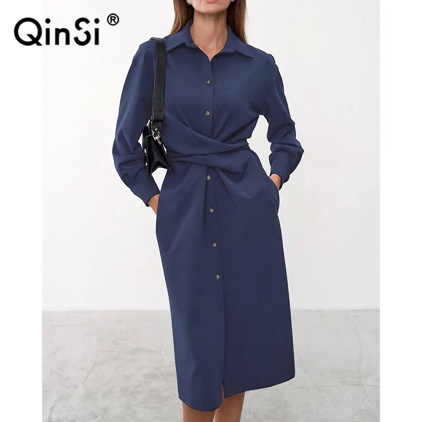 Bclout/QINSI Women Ankle-Length Lapels Midi Dress Female Spring 2023 Long Sleeve Lace Up Office Dress Vintage Navy Shirts Dress