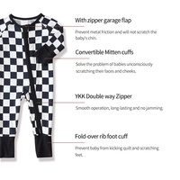 Combinaison bébé en viscose de bambou avec fermeture éclair YKK bidirectionnelle, motif damier, manches longues, poignets convertibles, sommeil-sommeil avec pieds intégrés, respirante