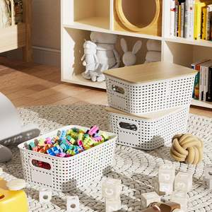 Contenedor de Almacenamiento de Plástico con Tapa de Bambú, Cestas de Almacenamiento Decorativas Apilables con Etiqueta para Organizar Estantes y Armarios - Product Image 6