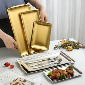 Plateaux de service rectangulaires décoratifs coréens en acier inoxydable avec poignées pour buffet et barbecue - Product Image 5