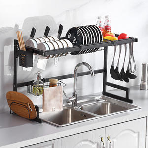 Black Over Sink Dish Drying Rack 2 Tier Drainer Shelf with Utensil Holder and Hanging Basket for Kitchen - Product Image 1