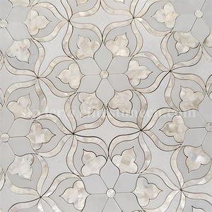 <span class=keywords><strong>Piastrelle</strong></span> a Mosaico con Motivo Floreale in Marmo Bianco e Madreperla, Taglio a Getto d'Acqua - Product Image 1