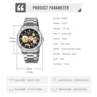 SKMEI 9378 mécanique hommes montres mode automatique mâle horloge bleu acier inoxydable étanche affaires squelette montre