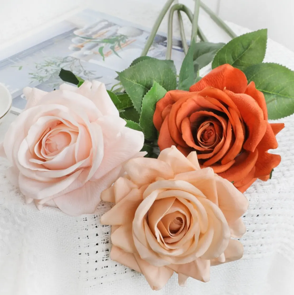 Roses artificielles en soie, 1 pièce, grande fleur, toucher véritable, revêtement de Latex, fausse reine, rouille, Orange