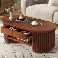Table basse ovale cannelée moderne avec tiroirs, hauteur réglable, plateau en verre trempé, meuble de salon en bois à 2 niveaux