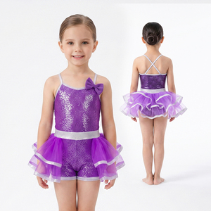Purple Sequin Criss Cross Back Kids Tutu Dance Costume Bow Decor Silver Trim Tulle <b>Skirt</b> Girls Jazz Tap Stage Performance Wear - Product Image 1
