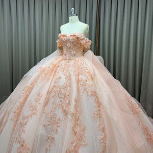 Robe de bal de princesse rose pour Quinceañera et fête des 15 ans, en dentelle, perles de cristal, tulle, col rond, corset, coupe Empire, traîne XV - Product Image 2