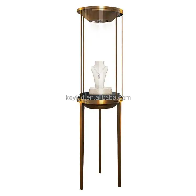 Luxury Fine Jewellery Glass Showcase Gold Stainless Steel LED Light Freestanding Floor Stand Custom Jewelry Showcase Display