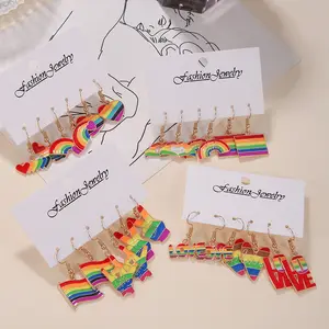 YICAI anting-anting Juntai ringan cinta hati bendera pelangi LGBT Set anting-anting Enamel pelangi 3 pasang/Set