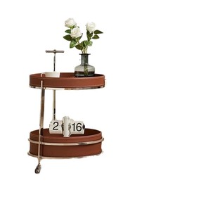 Modern Minimalist <b>Bar</b> Cart Mocha Brown Leather 2 Tier Stainless Steel Mobile Sofa Side <b>Table</b> Trendy Instagram Style - Product Image 5
