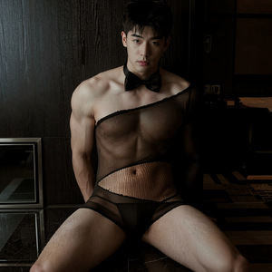 Body de malla transparente para hombre, lencería sexy, con lazo, estilo sirviente, entrepierna abierta, sin necesidad de quitar, conjunto coqueto negro - Product Image 4