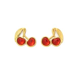 Fashion Stud Earrings <b>Cherry</b> Design PVD Gold Plated 316L Stainless Steel Sustainable Resistant Jewelry - Product Image 1