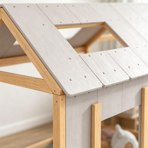 Lit Maison Montessori Moderne en Bois Massif pour Enfants, Lit au Sol pour Tout-Petits avec Toit Gris et Porte Coulissante - Vente en Gros - Product Image 6