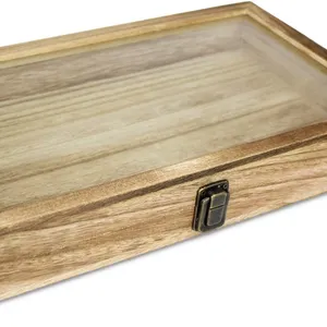 लकड़ी के गहने प्रदर्शन के मामले के साथ एक टेम्पर्ड ग्लास शीर्ष के साथ ढक्कन घर संगठन सामान भंडारण बॉक्स धातु अकवार