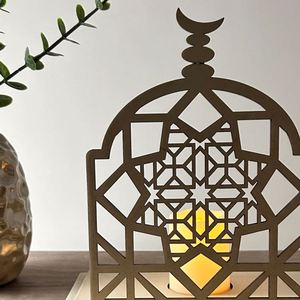 Decoración Musulmana para el Hogar, Regalo de Madera para la Familia, Mezquita Geométrica, Portavelas LED de Abedul Báltico para Eid - Product Image 3