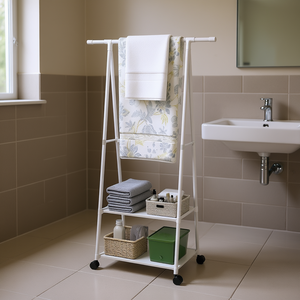 Porte-vêtements à roulettes en acier inoxydable à 2 niveaux avec étagère, organiseur de vêtements portable pour la maison et la salle de bain - Product Image 2