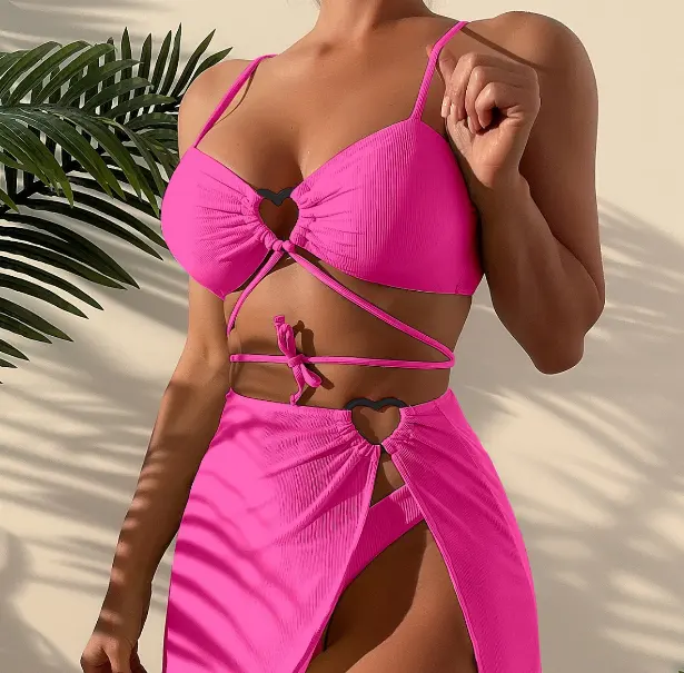 Pabrik tali Halter Bikini penutup Ups wanita baju renang mikro 3 Pcs baju renang Solid