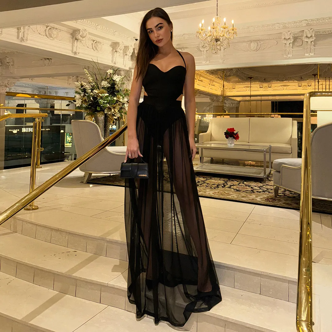 ज़ुओफ़ेई 2024 सुरुचिपूर्ण सेलिब्रिटी महिला सेक्सी ब्लैक शीयर क्रिसक्रॉस बैक पार्टी के लिए मैक्सी इवनिंग ड्रेस देखें