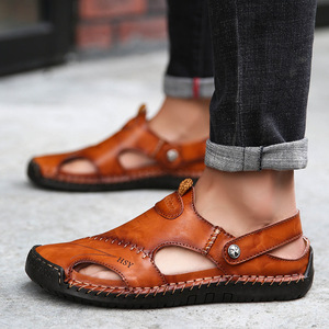 HSY Sandalias de cuero para hombre con punta abierta, planas, informales, transpirables, con suela de goma, zapatos de verano - Product Image 2