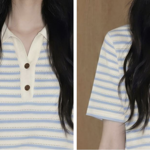 Polo de Manga Corta a Rayas para Mujer, Diseño Casual con Cuello en V, Largo Regular - Product Image 3