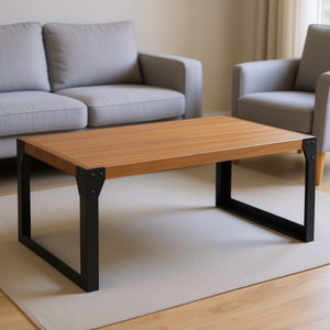 Tavolino da Caffè in Legno di Acacia con Gambe in Acciaio Marrone, Arredamento Moderno Industriale per Soggiorno - Product Image 2