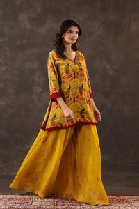 Mustard Floral Printed <b>Kurti</b> Palazzo Set Embroidered V Neck Ethnic Festive Casual Traditional Outfit <b>Women</b> - Product Image 4
