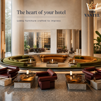 Ensemble de mobilier de luxe pour hall d'hôtel : canapé incurvé, fauteuils lounge, tables basses en pierre et console pour projets hôteliers