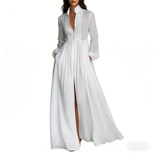 Vestido Maxi Blanco con Cuello Mandarín para Mujer - Manga Larga, Botones al Frente, Plisado, Estilo Boho, Ropa de Mujer, Vestidos de Moda - Product Image 2