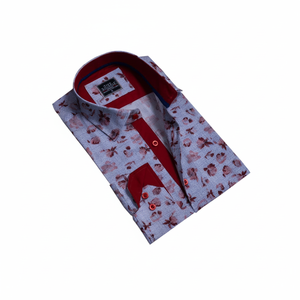 Camisa de Hombre de Manga Larga, Diseño Floral en Acuarela Azul y Rojo, Corte Entallado - Product Image 2