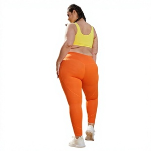 High Waist Orange Ribbed <b>Yoga</b> <b>Leggings</b> Full Length Plus Size Seamless Spandex Nylon Pants - Product Image 6