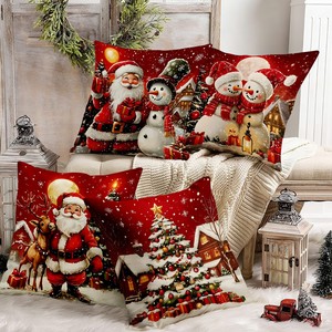 <span class=keywords><strong>Housse</strong></span> <span class=keywords><strong>de</strong></span> coussin <span class=keywords><strong>de</strong></span> Noël sans insert, style peinture à l'huile, fond <span class=keywords><strong>rouge</strong></span>, Père Noël, bonhomme <span class=keywords><strong>de</strong></span> neige, sapin <span class=keywords><strong>de</strong></span> Noël, décoration <span class=keywords><strong>de</strong></span> canapé - Product Image 1