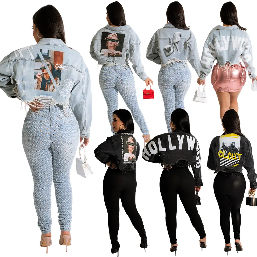 New Arrivals Stylish Fall Boutique Clothing Printed Crop Jeans Jacket Casual Denim Jackets For Women