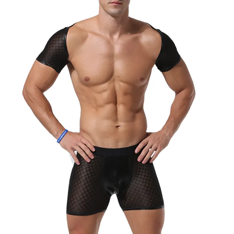 2022 Custom New gay underwear sexy boxer shorts See through two pieces sissy lingerie set for men black grid mens lingerie