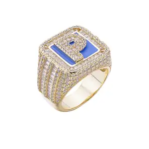 Sovereign Iced Out Mossanite Stone Zirconia Setting 925 Italian Silver Letter P Initial Cz Enamel Rings For Men