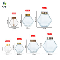 Stoples Madu Kaca Heksagonal 100ml 180ml 280ml 380ml dengan Tutup Kayu dan Segel Gabus untuk Gula Madu