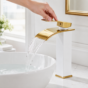 Rubinetto a cascata bianco e oro per lavabo, in acciaio inossidabile 304, con beccuccio dorato, collo alto, monocomando, per lavabo da appoggio, all'ingrosso - Product Image 6
