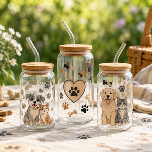 Custom Cute Pet Image Glass Can <b>Cup</b> with Bamboo Lid and Glass Straw Reusable Drinking Tumbler for Coffee Juice - Product Image 4