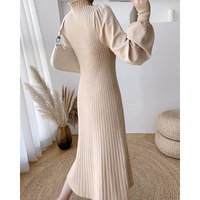 M-2XL automne Semi col haut robe tricotée Version coréenne Slim Fit mi-longueur lanterne manches Base robe en laine