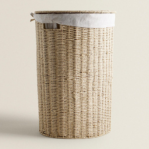 Woven Paper <b>Rope</b> Laundry <b>Basket</b> Round Dustproof Clothing Organizer Standing Type With Lid Bedroom <b>Storage</b> <b>Basket</b> - Product Image 2