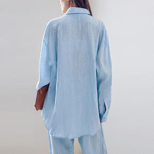 Boutique all'ingrosso 2024 estate ampia di <span class=keywords><strong>lino</strong></span> di cotone semplice camicia a maniche lunghe <span class=keywords><strong>pantaloni</strong></span> lunghi Casual da <span class=keywords><strong>donna</strong></span> - Product Image 4