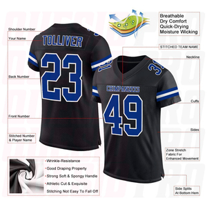 Camiseta de Fútbol Americano Personalizada para Hombre, Cuello en V, Manga Corta, Color Negro y Azul, Impresión Sublimada, Malla Transpirable, Corte Regular para Adultos - Product Image 2