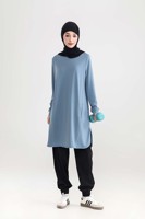 Ensemble de vêtements de sport modestes bleu clair avec logo personnalisé OEM, vêtements de sport pour femmes musulmanes, tunique longue et pantalon sportif