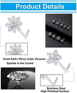 Anillos de Nariz en Forma de L con Flores, Copos de Nieve y Mariposas de Acero Inoxidable con Circonitas, Joyería para Piercing de Nariz para Mujer - Product Image 4
