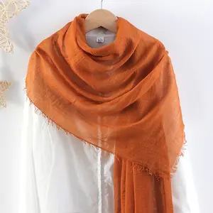 Custom LOGO Hijab Cotton Linen with Fuzz Edge Hijab Muslim Women Adult Chiffon Knitted Scarf