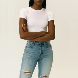 Toptan egzersiz bayanlar düz nefes kırpma üst T Shirt kırpılmış pamuk mahsul bayan t-shirt - Product Image 5