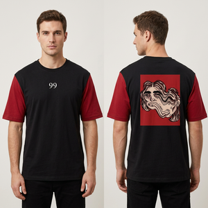 Men's Black Red Contrast Sleeve T-Shirt With 99 Print And Artistic Back Design Casual O-Neck Short Sleeve Jersey Cotton Tee - Product Image 1